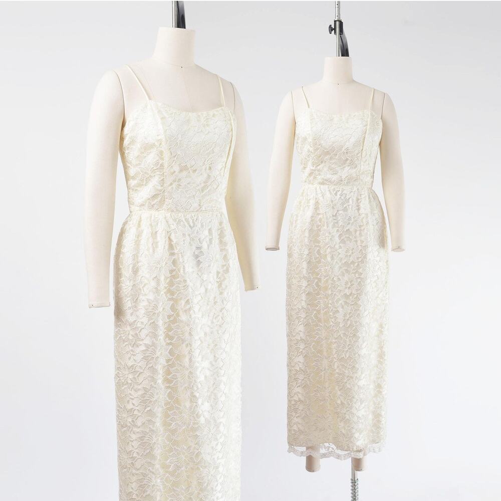 Vintage Off White Lace Spaghetti Strap Floral Formal Wedding Column Maxi Dress